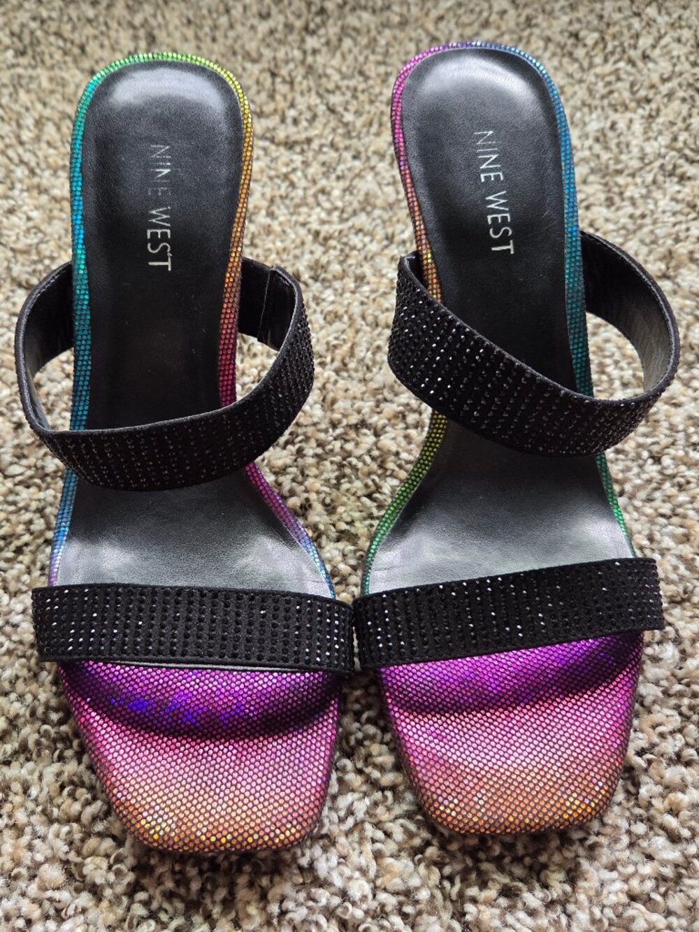 Nine West Stiletto Strappy Heels With Black Rhinestones US Size 9